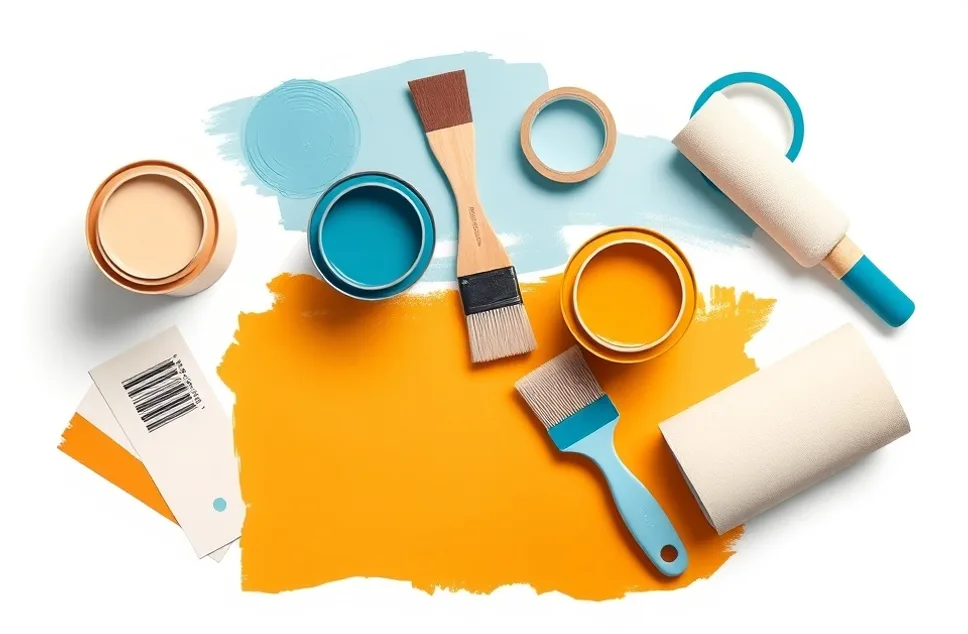 Pots de peinture, nuancier, brosses et rouleaux disposés à plat