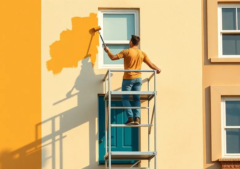 Peintre sur échafaudage traitant la façade d'une maison
