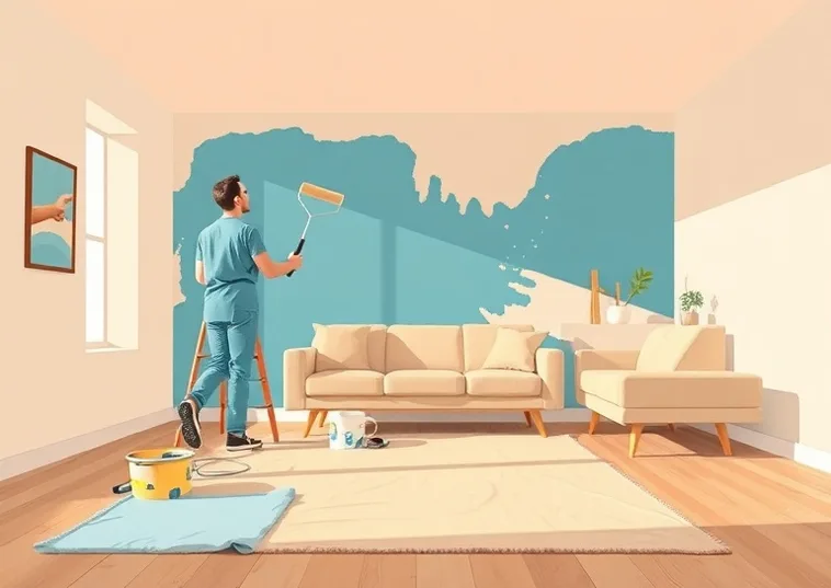 Peintre appliquant la peinture au rouleau sur un mur de salon